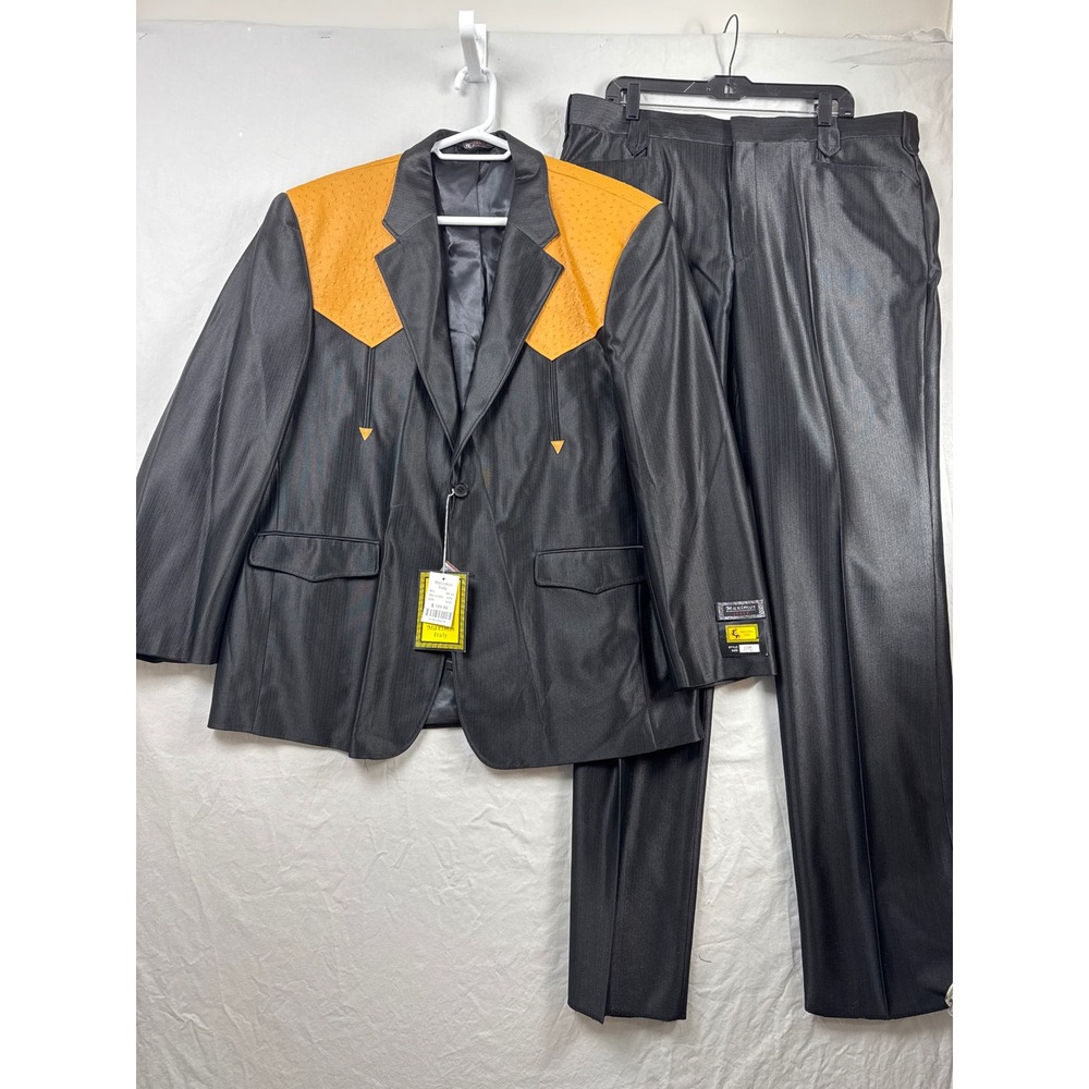 Maximos Italy Western Suit Men 52/42 Black Mustard Faux Ostrich Yoke 2pc Set
